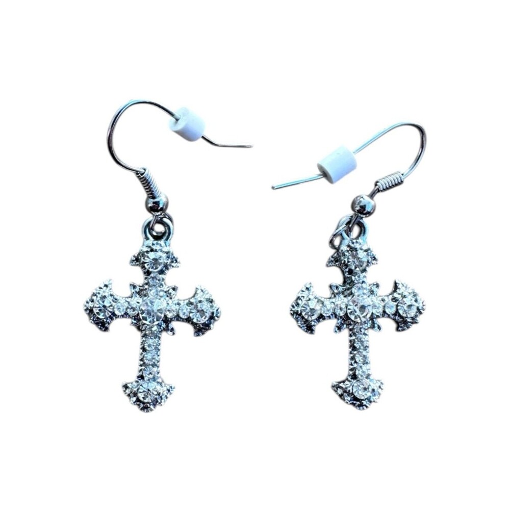 Silver Rhinestone Cross Earrings NWOT Faith Glam Y2K church Wedding Dangle